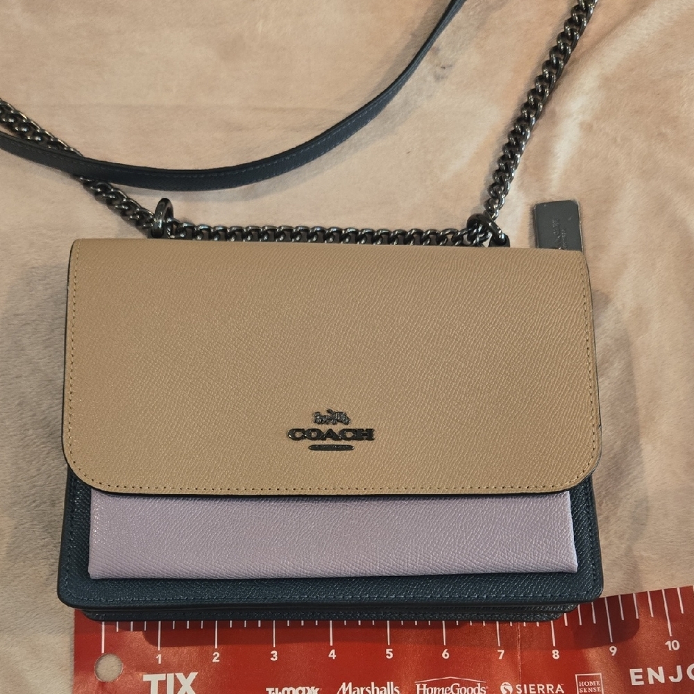 Coach Tan and Purple Crossbody Bag with Chain Strap
